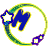 circular icons with green and yellow borders, each containing a blue 'M' letter or stylized variant, surrounded by small star-shaped decorations in various colors