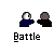 Pixel art buddy icon with a spherical head and dark body, showing motion effects like red streaks and striped patterns