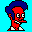 Pixel art of yellow-skinned cartoon characters with varied hair colors and expressions on a bright blue background