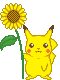 Pixel art animation of Pikachu holding a sunflower across multiple frames showing subtle pose and expression changes.
