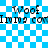 Blue and white checkered background with repeated text "Woof" and "I'm coming" in pixelated font, showing animation changes in text clarity and background transparency.