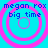 Four identical cyan backgrounds with pink concentric circles and blue text reading 'megan rox big time' in pixelated font.