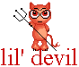 A red devil character with large eyes and a pitchfork stands against a gray background, text below reads 'lil' devill' in red.