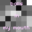 Pixelated text repeats 'balls in my mouth' across a grayscale background with alternating light and dark squares