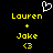 Pixelated yellow text on black background with white heart symbol above, showing 'Lauren + Jake <3' in two identical side-by-side arrangements.