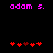 Pixelated text 'adom s.' in magenta above red heart symbols on black background, with one heart changing color between frames.