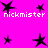 A static image with a bright pink background featuring multiple black star shapes and repeated white text reading 'nickmister' in pixelated font.