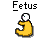 Pixelated yellow fetus-like figure with white head and single eye, positioned under text labels on gray background.