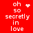 Red background with white pixelated text 'oh so secretly in love' and two distinct animated symbols replacing each other.