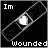 A 48x48 pixel animated buddy icon showing a bandage with the text "Im" and "wounded" on a black background, transitioning between two frames where the central heart symbol changes from bright white to gray.
