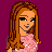 Pixel art of a woman with long brown hair wearing a pink sequined top and black flared pants, standing against a magenta background.