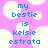 Pixelated text on a pink background with white cloud shapes, displaying 'my bestie is kelsie estrato' in blue letters.