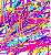 A static pixelated image composed of overlapping horizontal and vertical lines in bright cyan, magenta, yellow, orange, blue, green, red, and white pixels forming a chaotic abstract pattern.