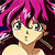 Pixelated anime-style character with bright pink hair, large gray eyes, and a slightly open mouth, set against a dark background with pink and purple accents.
