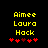 Yellow pixelated text 'Aimee Laura Hack' on black background with red heart symbols below, two variations of heart arrangement visible.