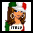 Pixelated cartoon woman wearing Italian flag hat with green white red sections, large hoop earrings, and 'ITALY' text on chest against white background; three separate purple/blue text panels reading 'Italians do it', 'best', and empty gray space.