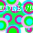 Pixelated static image with overlapping circular shapes in bright green, cyan, and magenta hues, featuring partial white text fragments on a light pink background.