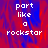 Pixelated text 'part like a rockstar' on a red and blue gradient background with a gray section on the right.