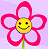 A pixelated flower with a yellow smiley face center, pink petals, and green stem on light purple background.