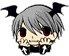 Pixelated character with gray hair, red eyes, black bat wings, and a skeletal hand gesture against light gray background.