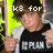 Pixelated image of a person holding two lightsabers with text above, wearing a black and white shirt.