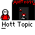 Pixel art animation of a red-shirted character and smaller figure in front of a dark doorway with 'Hott Topic' text above, showing sequential changes to the characters' positions.