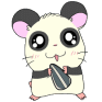 Three static poses of a cartoon hamster with large black eyes, pink inner ears, and a dark gray band around its torso holding a striped green object.