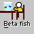 Pixel art of stick figures at tables with fishbowls, showing changing fish colors and text labels like "Beta fish" and "Fight!!!"