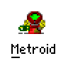 A 5x4 contact sheet of pixel art frames showing a Metroid character with green eyes and yellow limbs, some frames featuring small tree-like objects near the character against a gray background.