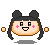 Pixel art avatar with black twin buns, pink cheek marks, and orange circular accents on a gray background.