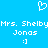 Pixelated blue background with white text and symbols: a heart, 'Mrs. Shelby', 'Jons', and ':]' repeated twice.