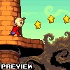 Pixel art scene showing a character in red and blue clothing sitting on a brick ledge, with three yellow stars floating above against a light green sky.