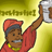 Pixelated cartoon character in red outfit holding a large silver object against yellow gradient background with partial text.