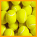A static image shows a dense cluster of yellow tennis balls on the left and a single tennis racket with black, red, and white colors on the right against an orange border.