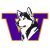 Pixelated static icon featuring a husky dog mascot superimposed on a large purple letter W with gold outline.