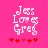 Pixelated text 'Jess Loves Greg' in white with red hearts on a pink background, showing animation changes between frames.