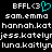 Static pixel art displays 'BFFL<3' with cyan heart symbol, followed by four lines of usernames in white pixelated text on black background.
