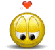 Yellow circular emoji with black eyes and silver mouth, surrounded by floating red and purple hearts and white sparkles.