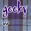 nine on a blue-purple plaid background displays variations of the word 'geeky' in purple and black script, with smaller words below each