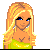 Pixel art contact sheet showing a female character in yellow top and gray pants with long blonde hair, displayed across four frames on white background with pink text box.