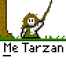 Animated contact sheet showing 14 frames of a pixel art character swinging on a vine with repeated text "Me Tarzan" below each frame.