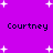 Purple background with white plus signs and repeated black text reading "Courtney" in pixelated font.