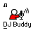 Pixelated character in red shirt holding microphone with sound waves, labeled "DJ Buddy" on gray background.