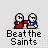 Pixel art animation of two figures in red and blue shirts with 'Beat the Saints' text below, showing sequential hand movements and small blue/red particle effects.