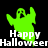 Green ghost-shaped figure with raised arms above 'Happy Halloween' text on black background, transitioning from bright green to darker green.