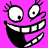 Pixelated cartoon face with mismatched eyes and exaggerated grin on solid pink background, static single-frame image.