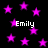 Black background with scattered pink stars and repeated white text "Emily" in pixelated font.