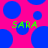 Pixelated green text 'SARA' appears twice on a bright pink background with scattered blue circles.