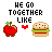 Pixel art of four showing apple and burger icons with text variations: HE GO TOGETHER LIKE, CAUSE, SOMETIMES, OPPOSITES ATTRACT
