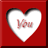 Nine red square with white heart cutouts displaying text: 'You', 'I', and 'Love' in cursive script, arranged in a